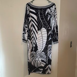 Over the shoulders, black and white dress